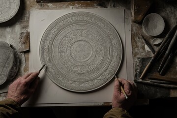 Aufkleber - A craftsman sculpting intricate designs on a circular plaster mold.