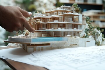 Poster - A hand points at a detailed architectural model of a modern villa with a pool and plans.