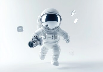 Aufkleber - A whimsical astronaut holding a camera, surrounded by floating icons in a minimalist setting.