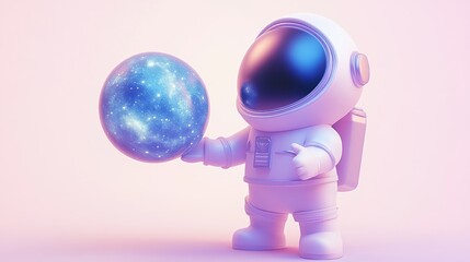 Aufkleber - A cute astronaut holding a glowing galaxy sphere in a dreamy pastel setting.
