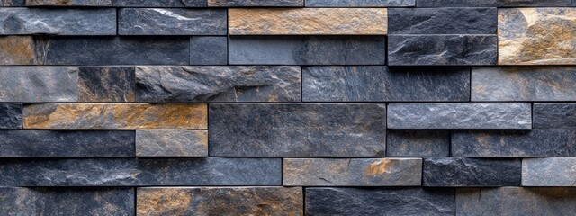 Poster - A textured wall made of dark and light stone tiles arranged in a modern pattern.