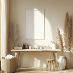 Poster - A serene workspace with a minimalist design, featuring a desk and decorative plants.