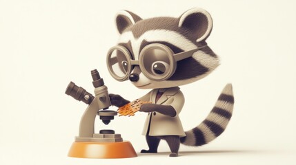 Poster - A cartoon raccoon in glasses examines a sample under a microscope in a lab setting.