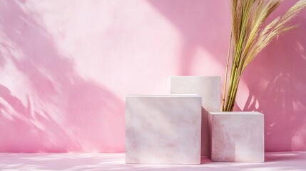 Aufkleber - Minimalist display featuring pink background, geometric shapes, and decorative plant.