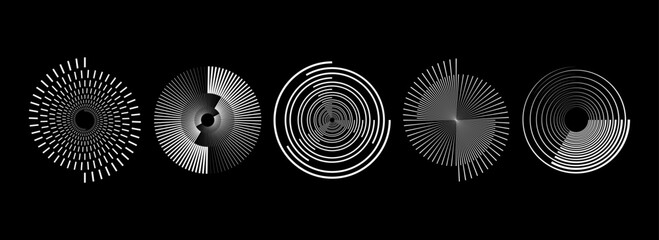 Poster - White radial spiral pattern set. Circular spinning speed line form collection. Rotating circle sound wave concept. Abstract sunburst ray or beam element pack for icon, badge, logo, tag, label. Vector