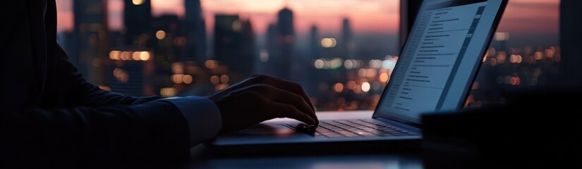 Aufkleber - A person typing on a laptop with a city skyline at dusk in the background.