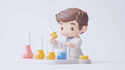 Poster - A cartoon scientist mixes colorful liquids in a lab setting.
