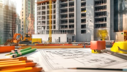 Aufkleber - Construction site with blueprints and tools, showcasing building progress and planning.