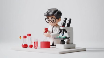 Poster - A young scientist conducts experiments with lab equipment and a microscope in a playful setting.