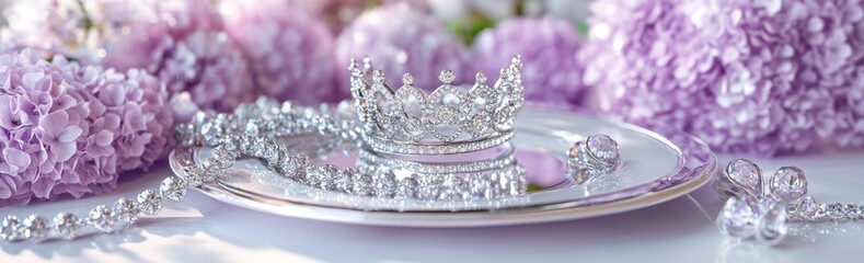 Poster - A luxurious display of a crown and jewelry on a silver platter surrounded by flowers.