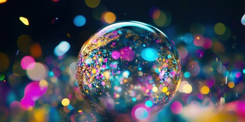 Poster - A colorful bubble reflecting vibrant lights and glitter.