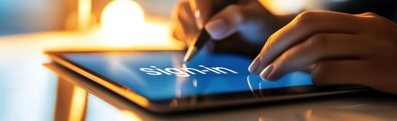 Leinwandbilder - A person signing in on a tablet using a stylus in a dimly lit environment.