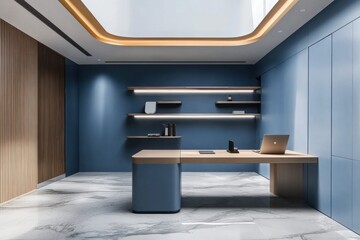 Poster - Modern office space with sleek design, featuring a desk, shelves, and natural light.