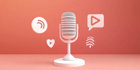 Poster - A stylized microphone surrounded by media icons representing podcasting and streaming.
