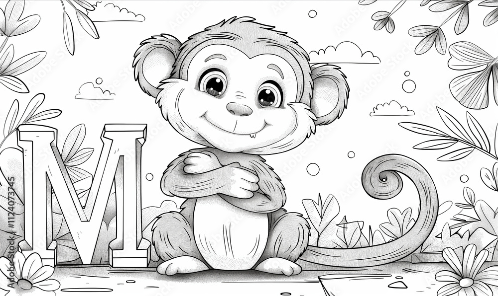Coloring page for kids letter M with monkey. Stock Illustration | Adobe ...