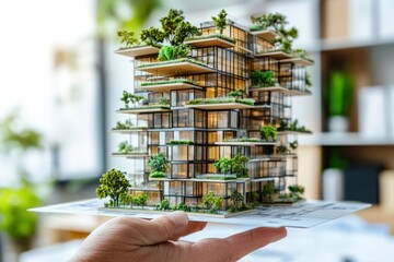 Poster - A hand holds a detailed architectural model of a modern building with greenery.