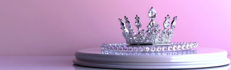 Poster - A sparkling crown displayed on a pedestal against a soft pink background.