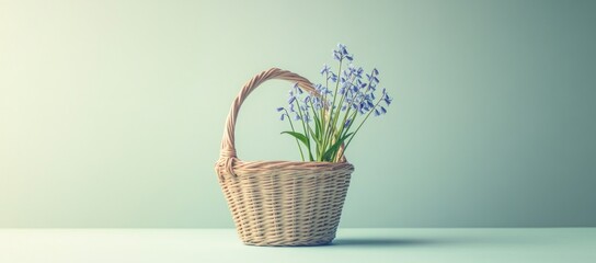 Poster - A woven basket filled with delicate blue flowers against a soft background.