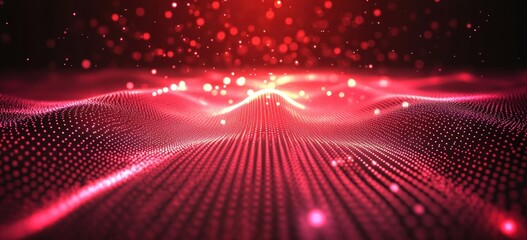 Poster - Abstract visualization of flowing red waves with sparkling particles.