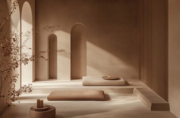Poster - A serene, minimalist interior with warm tones, promoting relaxation and mindfulness.