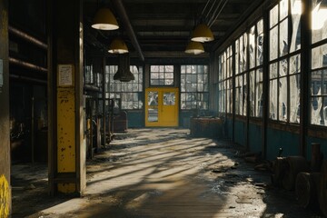 Poster - An abandoned industrial space with large windows and a bright yellow door.