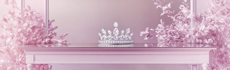 Poster - A sparkling tiara displayed on a glass table surrounded by pink floral decorations.