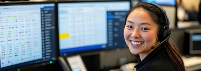 Poster - A smiling woman in a headset at a computer, engaged in work at a busy office.