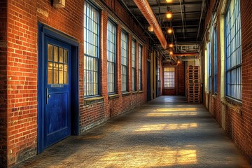 Poster - A corridor featuring brick walls, large windows, and a blue door, illuminated by overhead lights.