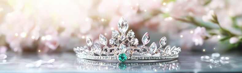 Poster - A sparkling tiara adorned with gems, set against a backdrop of soft flowers.