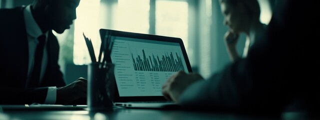 Poster - Business meeting with data analysis on laptop, showcasing teamwork and strategy.