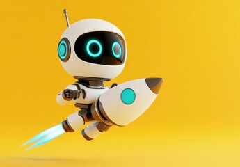 Aufkleber - A cute robot character flying with a rocket against a bright yellow background.