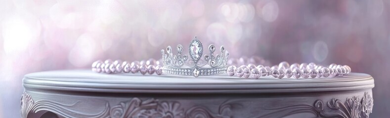 Poster - A delicate crown rests on a pearl necklace against a soft, dreamy background.