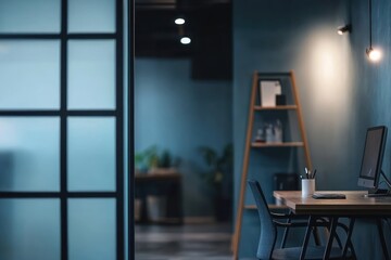 Aufkleber - Modern office space with a desk, computer, and shelving in a calm blue environment.