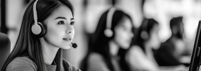 Poster - A focused woman with a headset in a call center, engaged in communication.