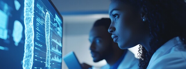 Poster - Scientists analyzing data on a computer screen in a laboratory setting.