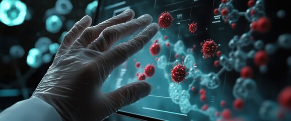 Poster - A hand in gloves interacts with a digital interface displaying molecular structures and viruses.