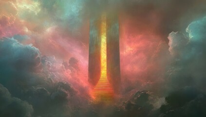 Poster - A mystical gateway surrounded by colorful clouds and light, evoking a sense of wonder.