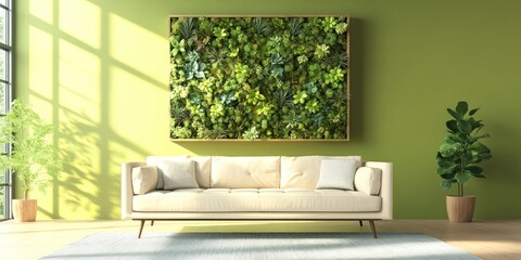 Poster - A modern living room with a green wall art and a cozy sofa.