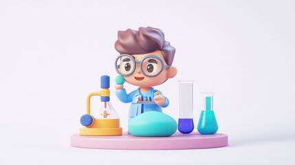 Poster - A cartoon character in a lab coat conducts experiments with lab equipment.