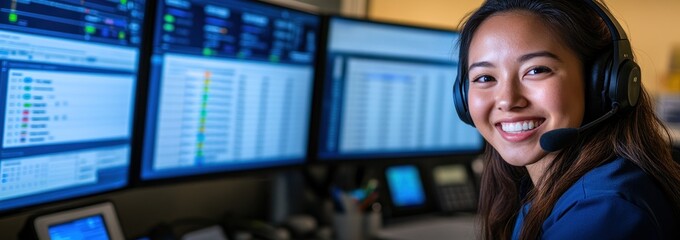 Poster - A smiling woman wearing a headset in front of multiple computer screens displaying data.