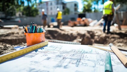 Aufkleber - Construction site with blueprints and tools, workers in the background.