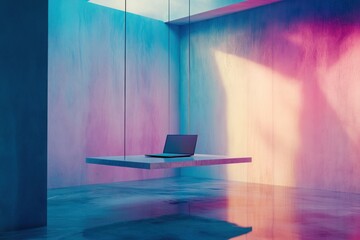 Aufkleber - A minimalist workspace featuring a laptop on a suspended platform in a colorful, modern room.