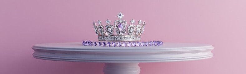 Poster - A decorative crown and necklace displayed on a table against a pink background.