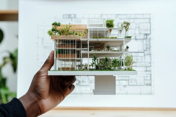 Fototapete - A hand holds a detailed architectural model of a building with greenery, set against a blueprint.
