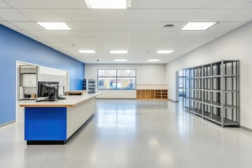 Poster - Modern office space with a reception area and shelves.