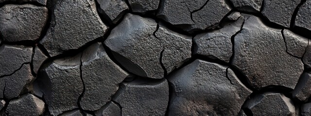 Poster - A close-up of cracked black soil or rock surface, showcasing texture and patterns.