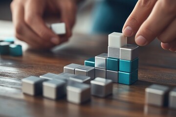 Aufkleber - A person stacking colorful cubes on a wooden surface, engaging in a creative activity.