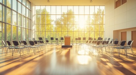 Aufkleber - A spacious room with chairs arranged for a meeting, illuminated by natural light.