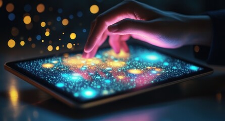 Poster - A hand interacts with a glowing, colorful digital display, suggesting exploration and creativity.
