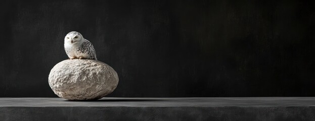 Poster - A serene owl perched on a smooth stone against a dark background, evoking calmness.